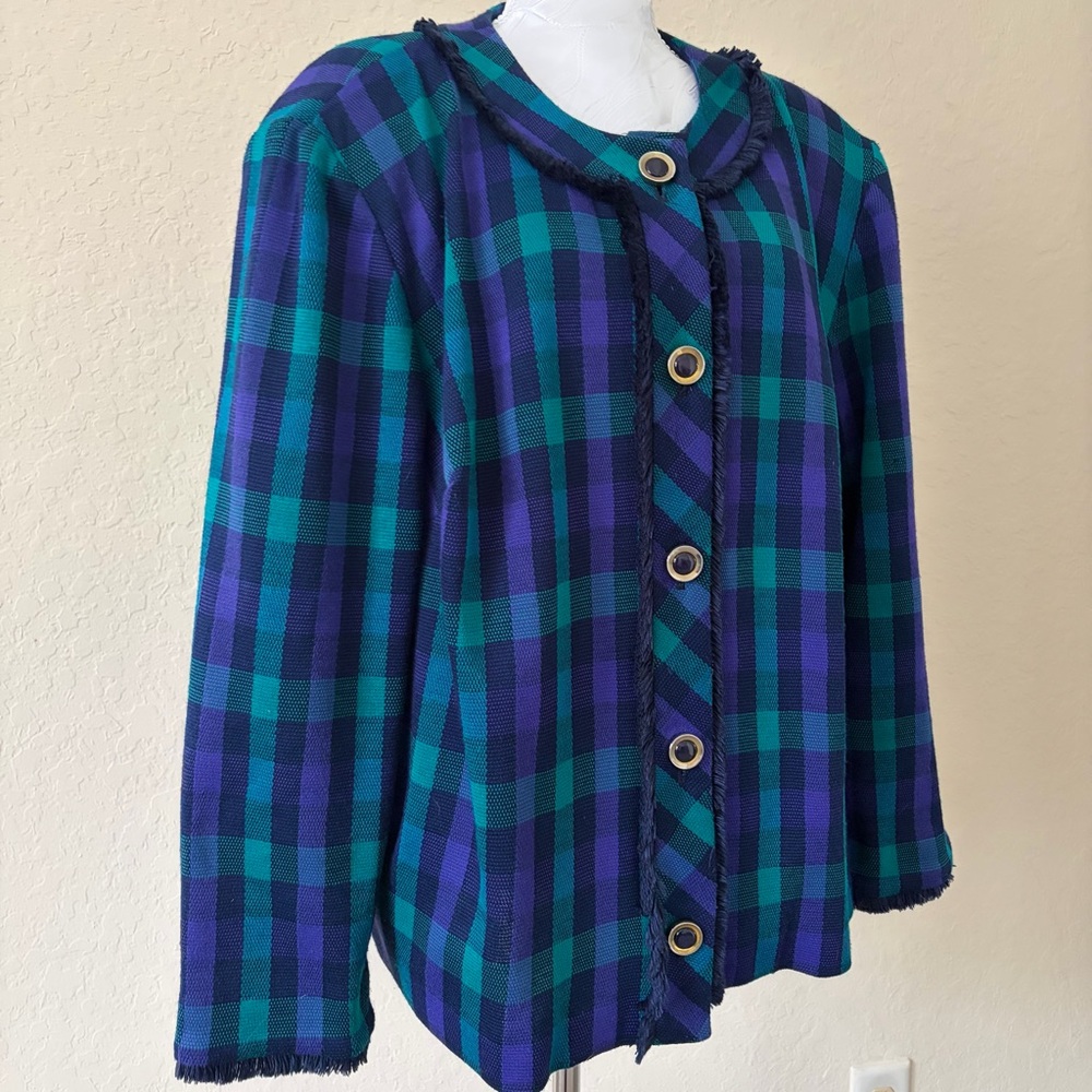 Vintage Leslie‎ Fay Plaid Fringe Blazer Jacket XL Retro Purple Green